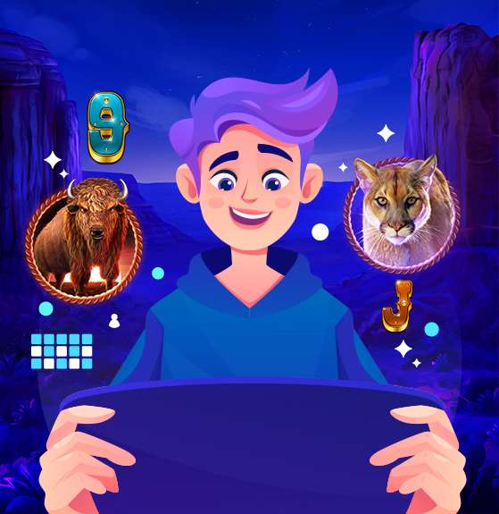 Cosmo Slots Buffalo Legion, Ultimate Gamer, Blue and Violet Gradient Background, Mountain Lion, Golden Buffalo God of the Online Casino Gaming, Online Social Casino
